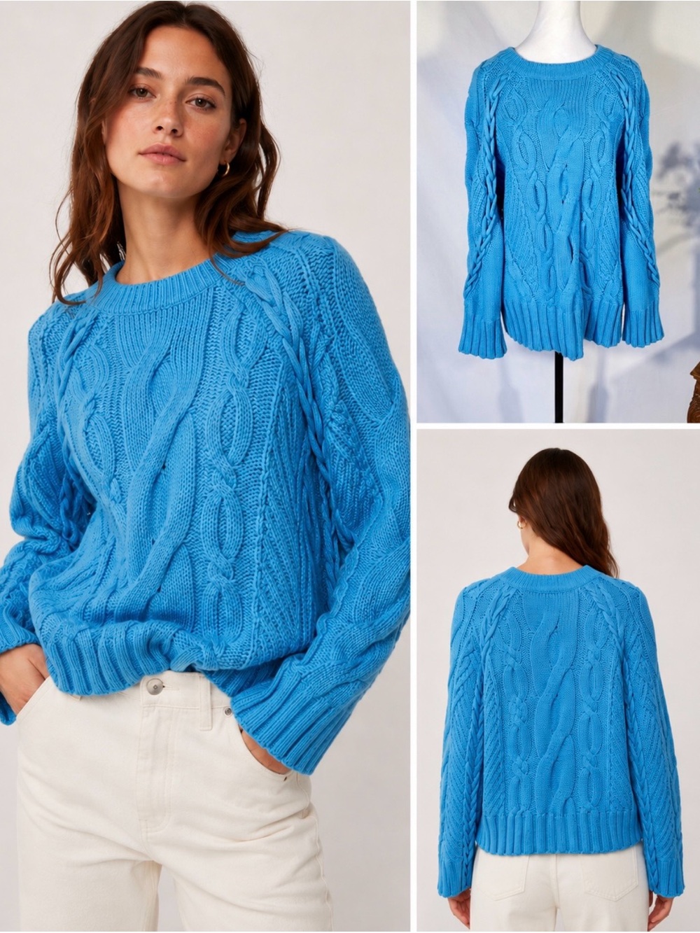 💥NWT Club Monaco Oversized Cable Crewneck Sweater in Chandails Blue Sz Medium🧡